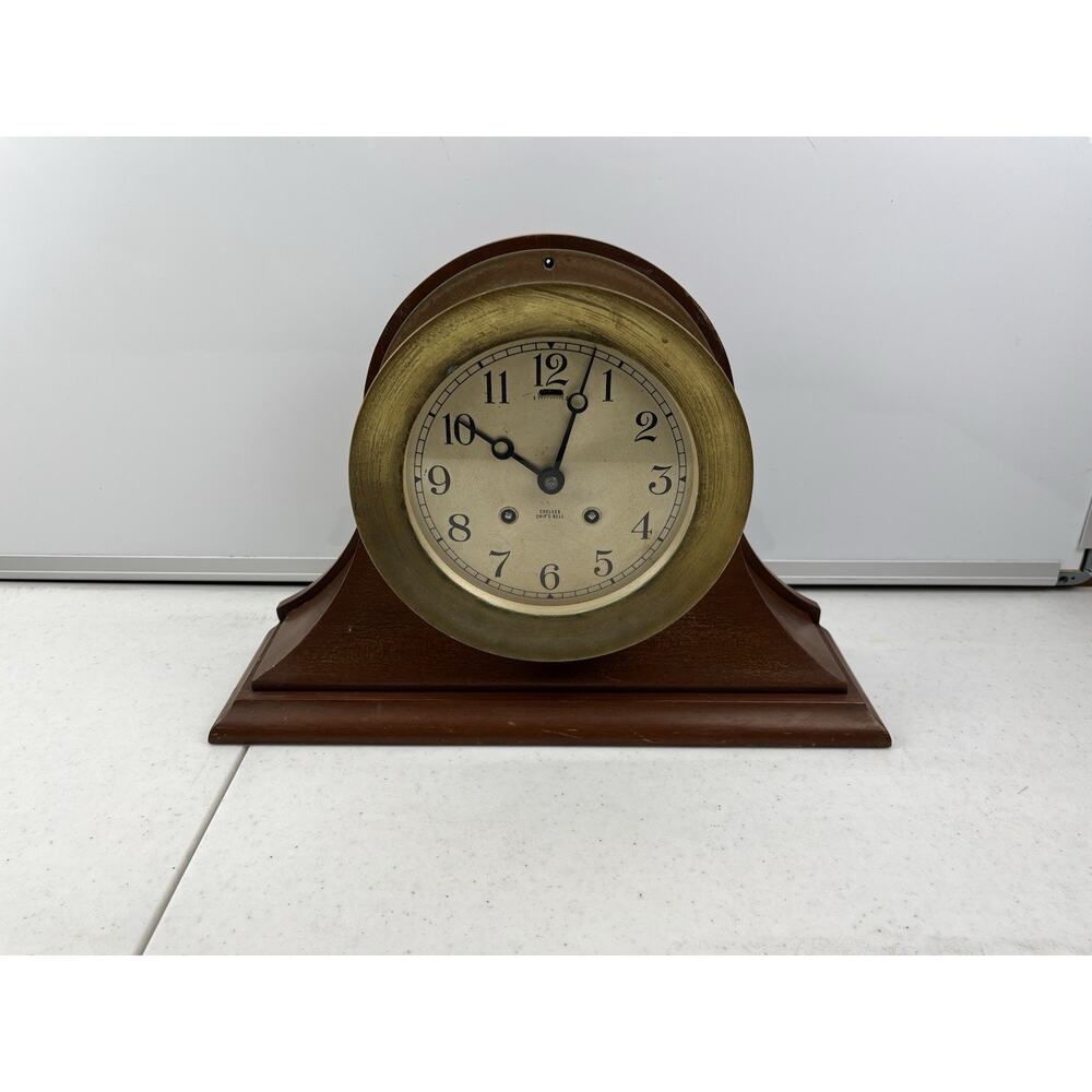 Chelsea Ships Bell Brass Clock Vintage Working Conditions Wood Base Stand